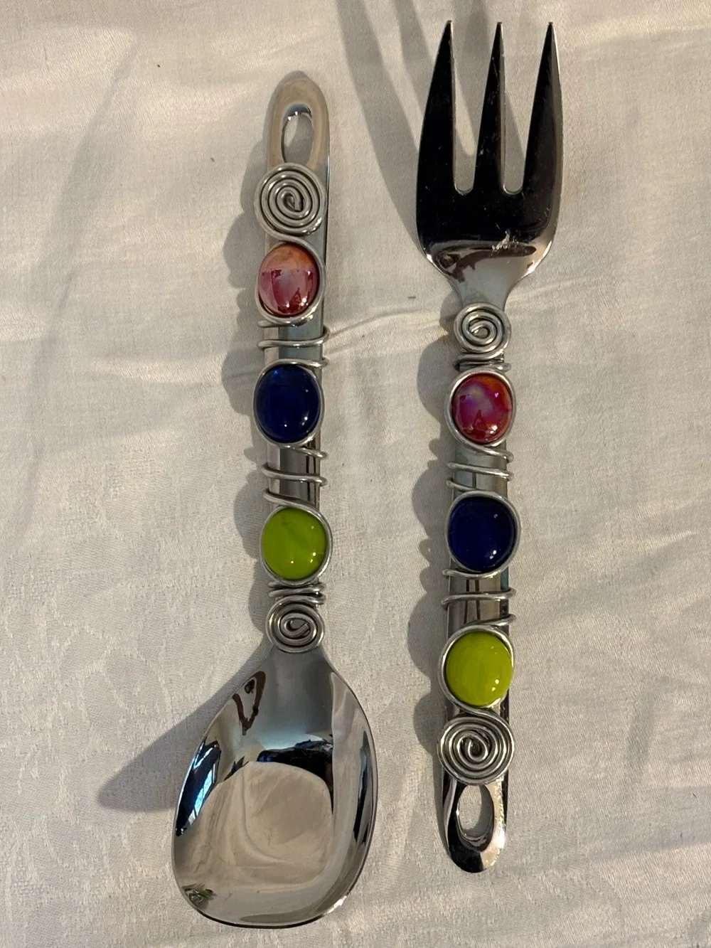 Oneida Stainless Salad Serving Spoon Fork Set Colorful Glass Wire Y2K